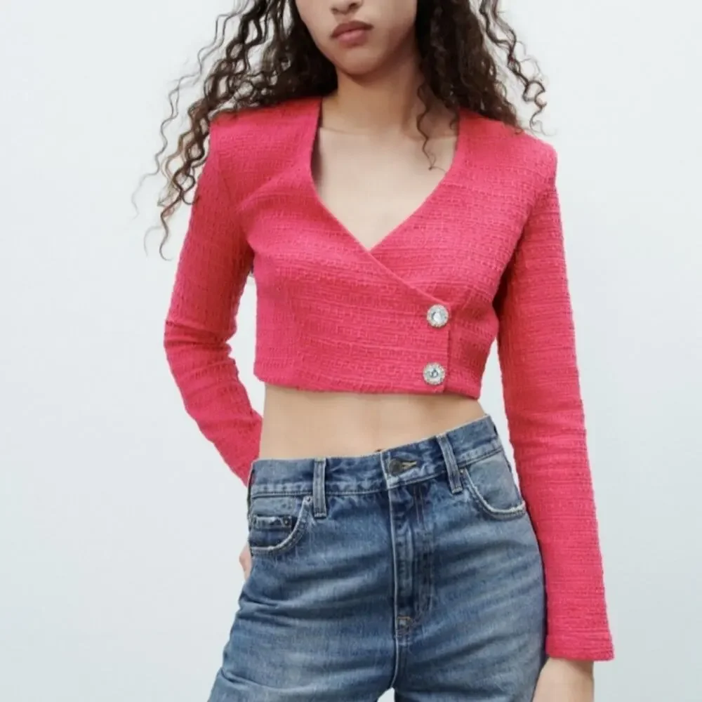 NWT Zara Blogger Favorite Fuchsia Pink Tweed Jewel Button Crop Top Jacket M